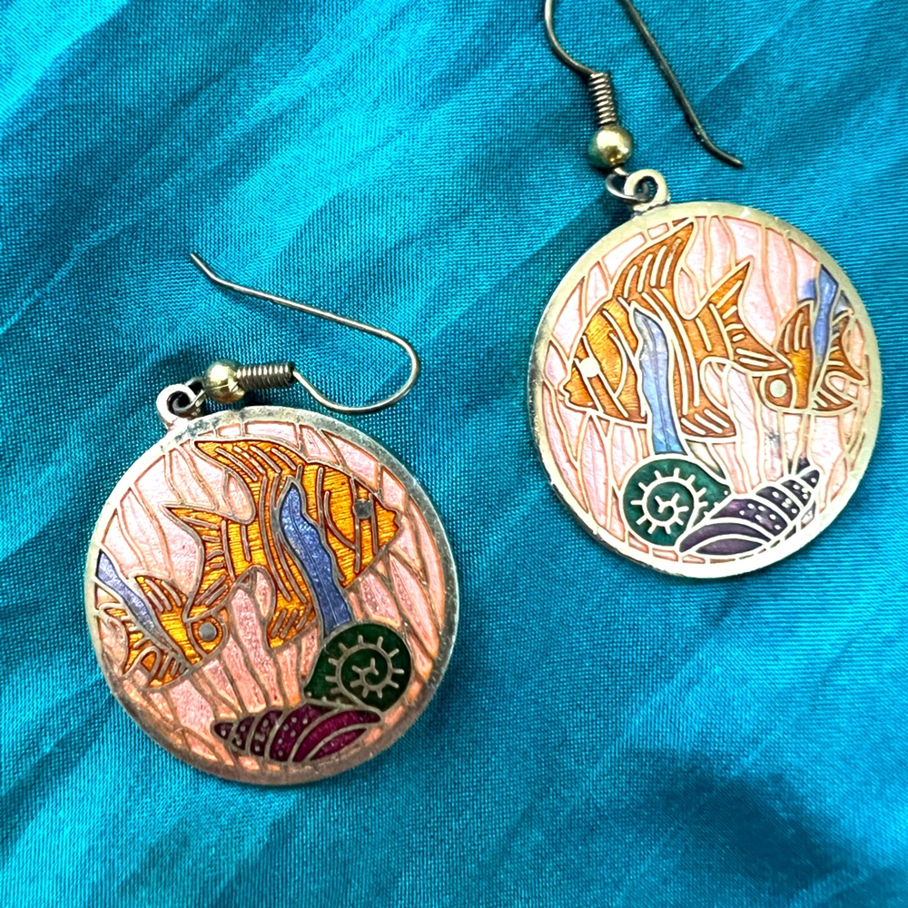 Vintage Enamel Cloisonné Goldtone Earrings Fish Beach Theme 80s